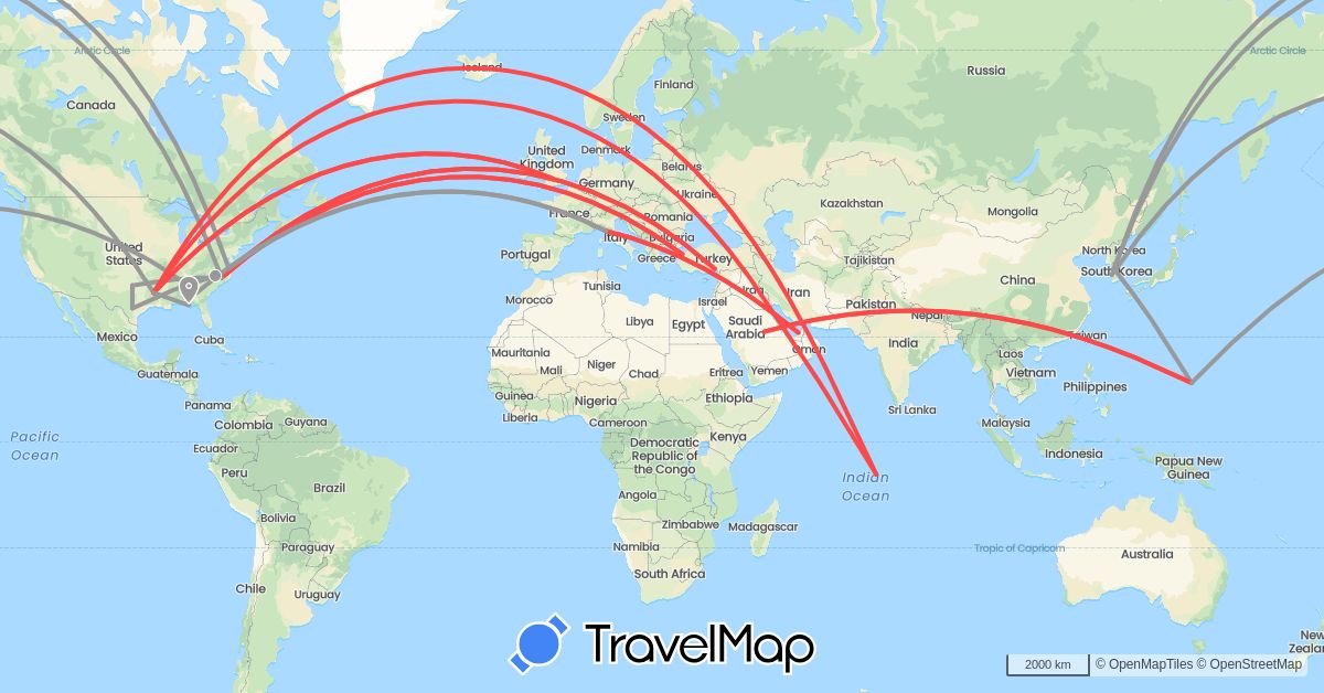 TravelMap itinerary: bus, plane, hiking in United Arab Emirates, United Kingdom, British Indian Ocean Territory, Italy, South Korea, Qatar, Saudi Arabia, Turkey, United States (Asia, Europe, North America)